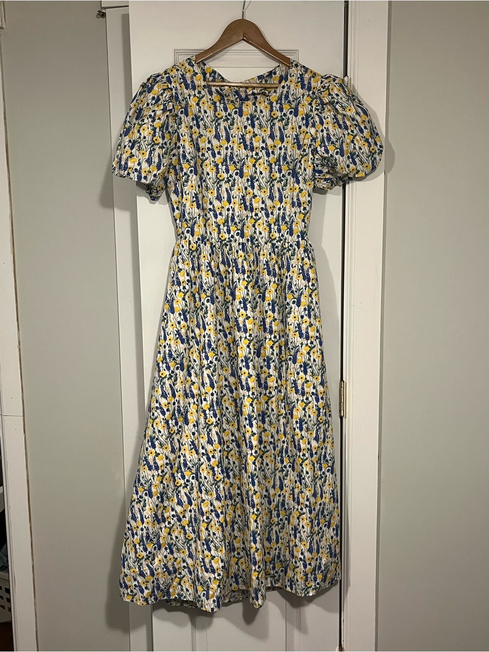 Floral Puff-Sleeve Midi Dress in Yellow and Blue